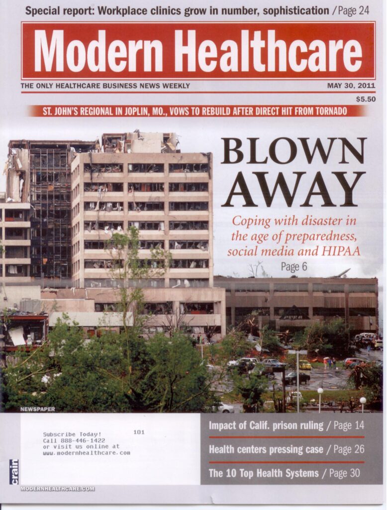 Modern Healthcare Magazine cover, May 28, 2011, detailing emergency preparedness during Joplin tornado
