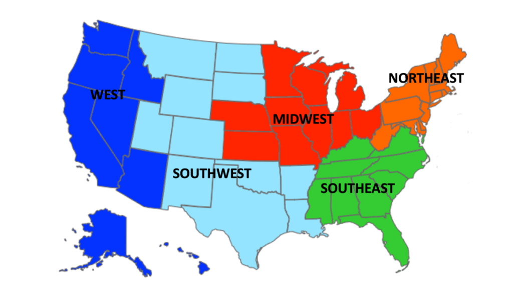 map of US states divided by color to indicate sales rep territories